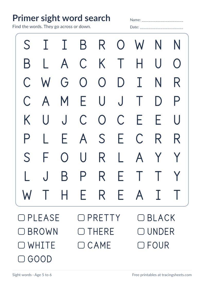 Preview of the printable primer sight word search worksheet