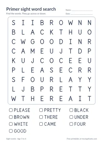Preview of the primer sight word search worksheet