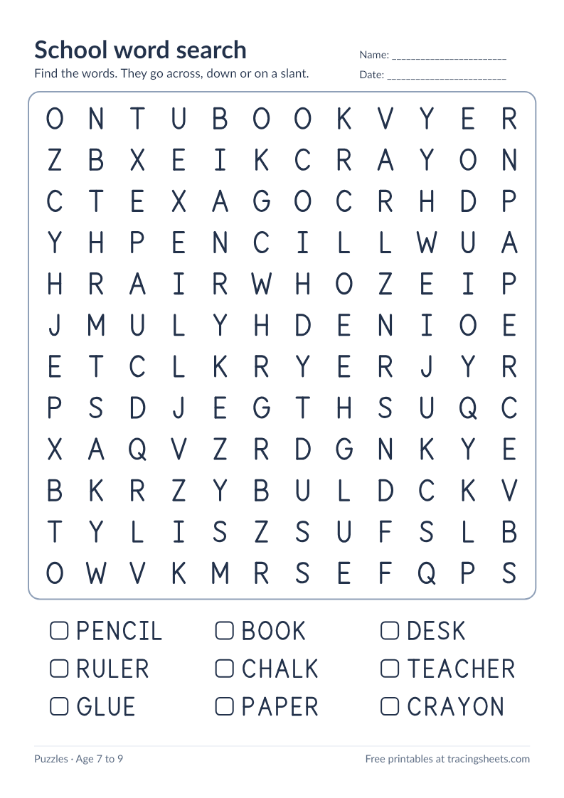 Preview of the printable school word search worksheet