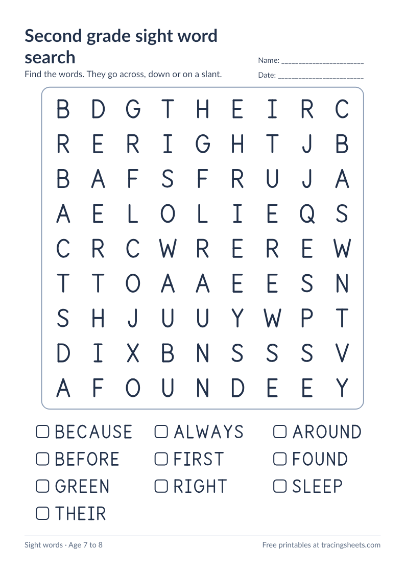 Preview of the printable second grade sight word search worksheet
