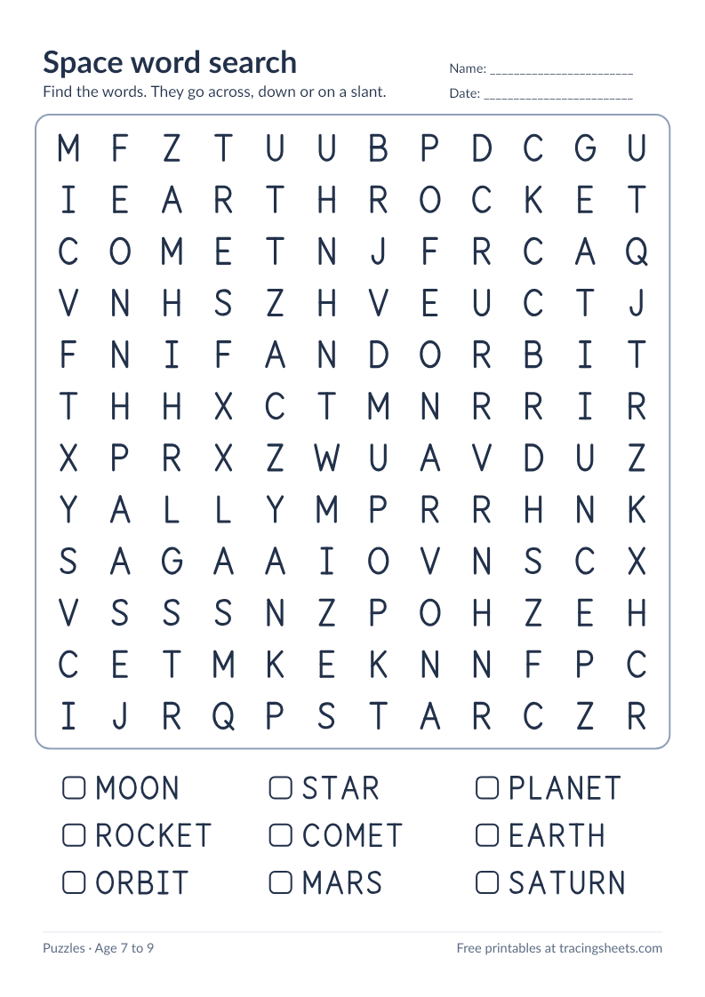 Preview of the printable space word search worksheet