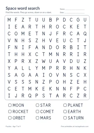 Preview of the space word search worksheet