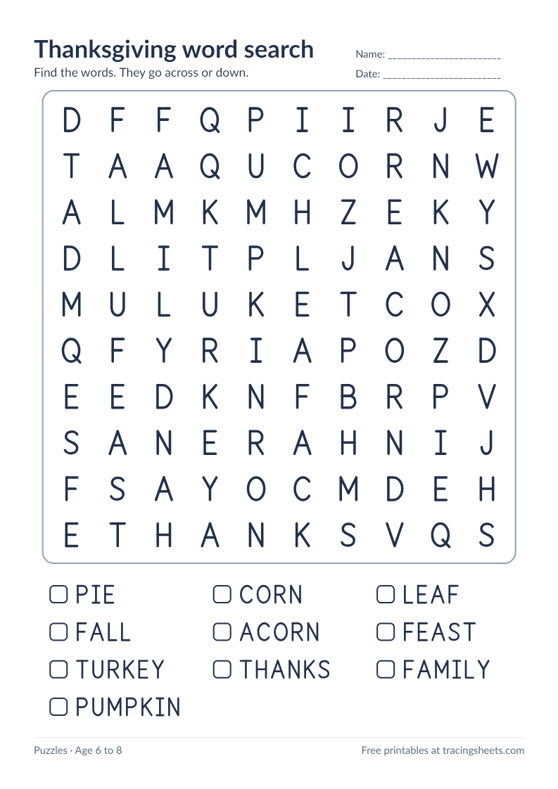 Preview of the printable thanksgiving word search worksheet