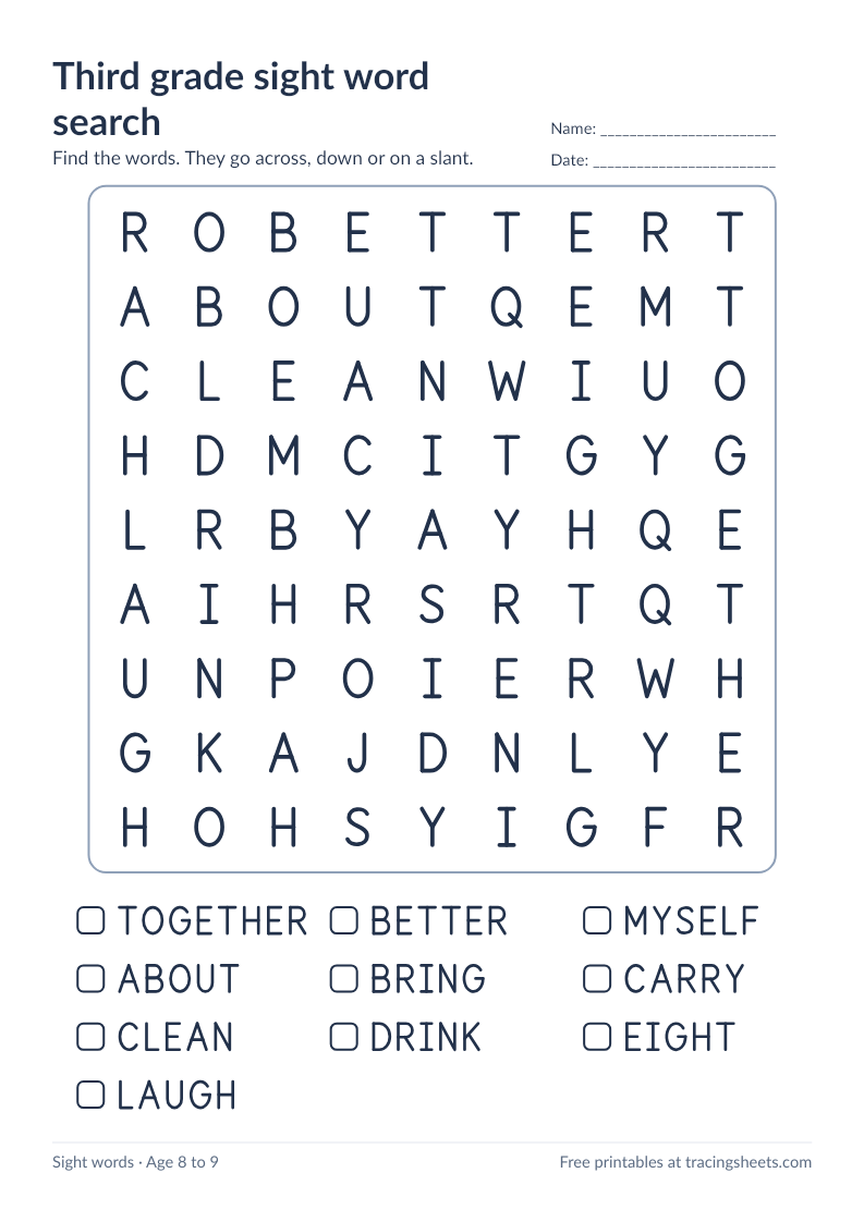 Preview of the printable third grade sight word search worksheet