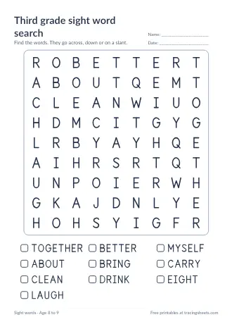 Preview of the third grade sight word search worksheet