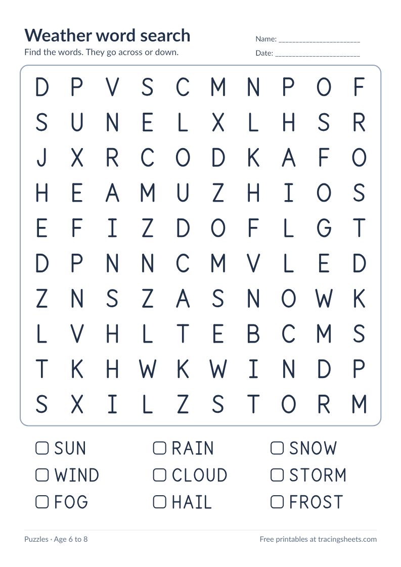 Preview of the printable weather word search worksheet
