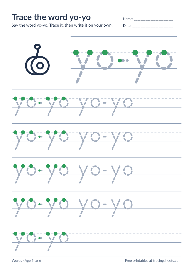 Preview of the printable trace the word yo-yo worksheet