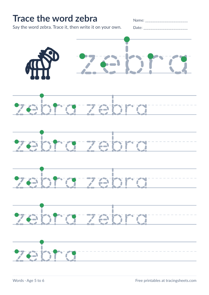 Preview of the printable trace the word zebra worksheet